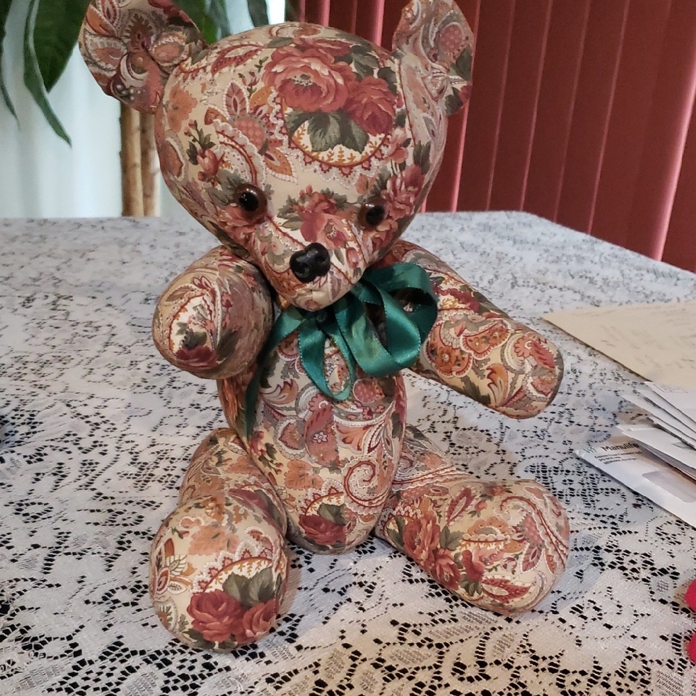 Floral Paisley Fabric Teddy Bear with Green Bow